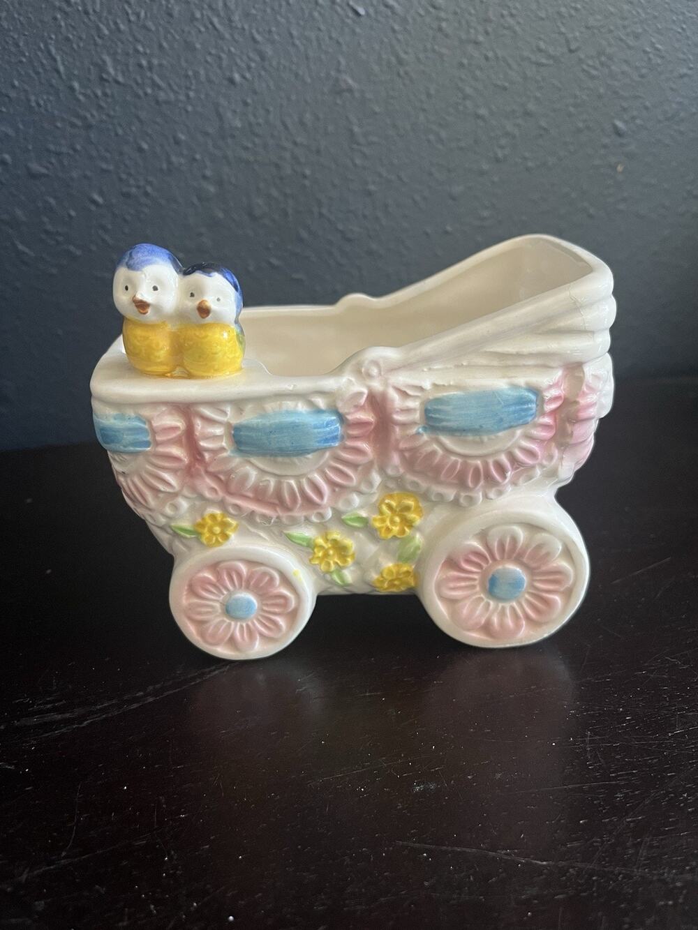 Vintage Baby Carriage Planter w/ Bluebirds Pink/Blue Nursery Ceramic Planter